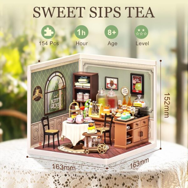 ROBOTIME DIY Miniature House Kit, Tea House Dollhouse Model Building Craft Kit With LED For Adults And Kids, Birthday Gift DW011 - Image 5